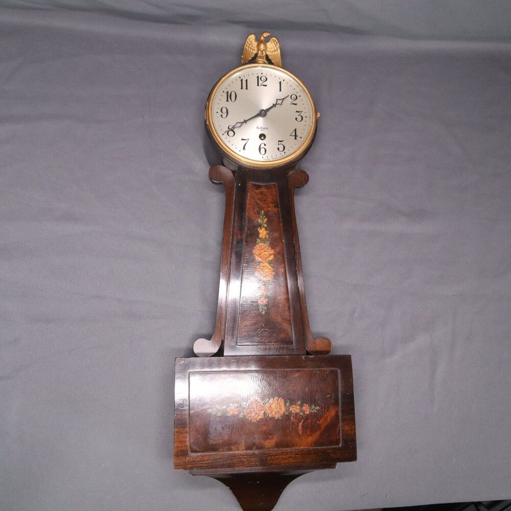 Gilbert 1807 Banjo Wall Clock 22" tall Vintage Eagle topper w/Key